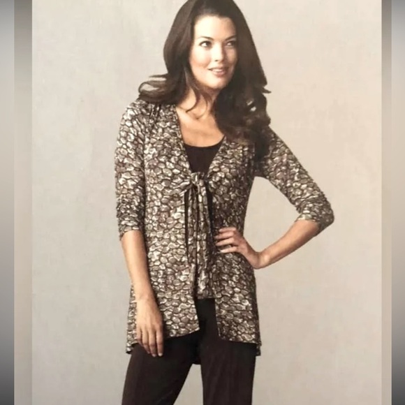 Cabi Cardigan S Tie Front Cobblestone Brown Beaded Neckline Artsy Boho Y2K Style - Picture 1 of 11